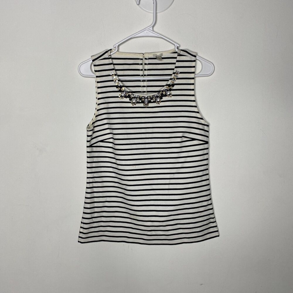 J. Crew Top Women XS White Black Stripe Bejeweled Neckline Sleeveless